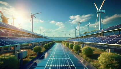 Fototapeta premium Digital currencies and blockchain blend with renewable energy in this lively environment.