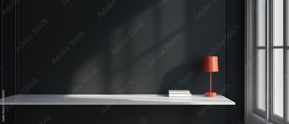 Poster Corner of a room with a window on the right side. the wall is painted in a dark grey color and there is a white shelf on the left side of the image.