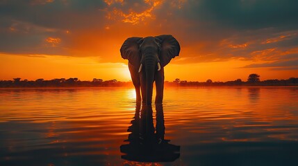 At sunrise, an elephant stands majestically on a calm lake shore, its reflection perfectly mirroring in the still water, creating a breathtakingly tranquil scene.