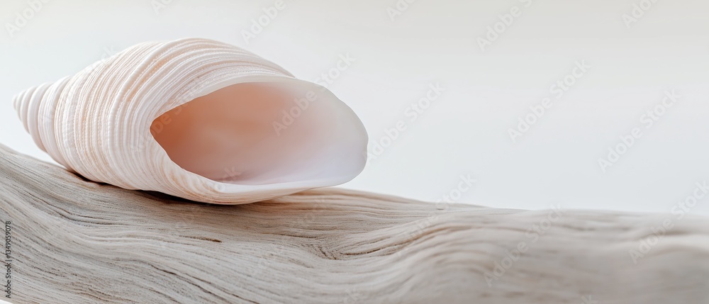 Poster close-up of a seashell resting on a piece of driftwood. the shell is white with a pink interior, and