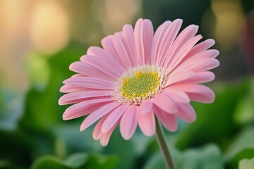Obraz premium Macro Photography of a Blooming Pink Daisy in the Garden, Featuring Delicate Petals, a Yellow Center, and a Green Stem 
