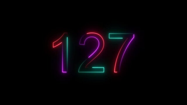 A dynamic  animation, and glowing neon number 127 animation . on a black background. and creating a stunning video.4k video