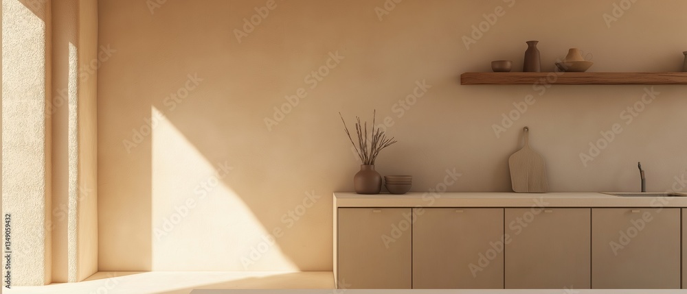 Poster modern kitchen with a beige color scheme. the walls are painted in a light peach color and there is 