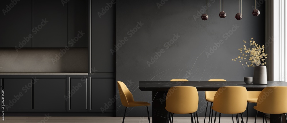 Poster modern dining room with a black wall and a large window on the right side. the wall is painted in a 