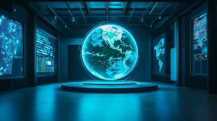Futuristic Digital Globe in High-Tech Room with Interactive Displays