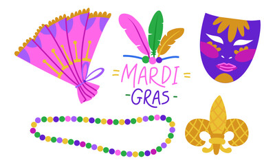 set of carnival outfits for Mardi Gras. Mask, fan, beads, feathers, inscription. It is suitable for decorating materials, advertising campaigns and products related to the Mardi Gras holiday, carnival