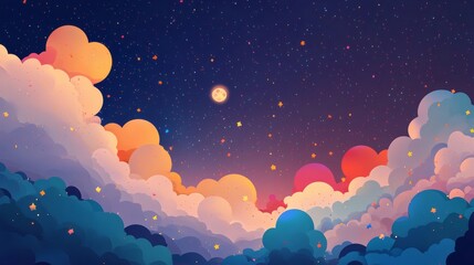 Dreamy Sky with Colorful Clouds and Bright Stars at Night