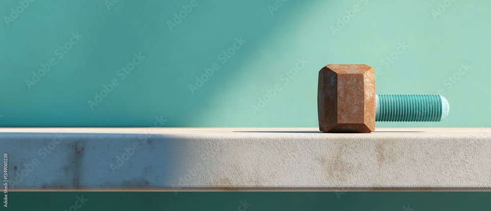 Poster single bolt resting on a concrete surface. the bolt is made of metal and has a hexagonal shape with 