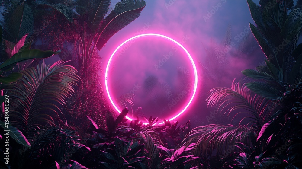 Poster Digital Rendering of Neon Circle in Tropical Setting
