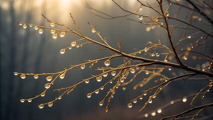 Glistening Drops: Raindrops delicately cling to slender branches, reflecting the soft sunlight in a mesmerizing display of natural beauty and ethereal light.