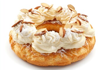 Paris-Brest: Choux pastry, almond cream, powdered sugar, sliced almonds, whipped cream. French dessert.