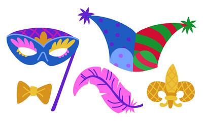 color set for Mardi Gras. a fool's hat, a feather, a mask, a bow. flat illustration is suitable for decoration of carnival events, promotional materials and goods related to the theme of the holidays.