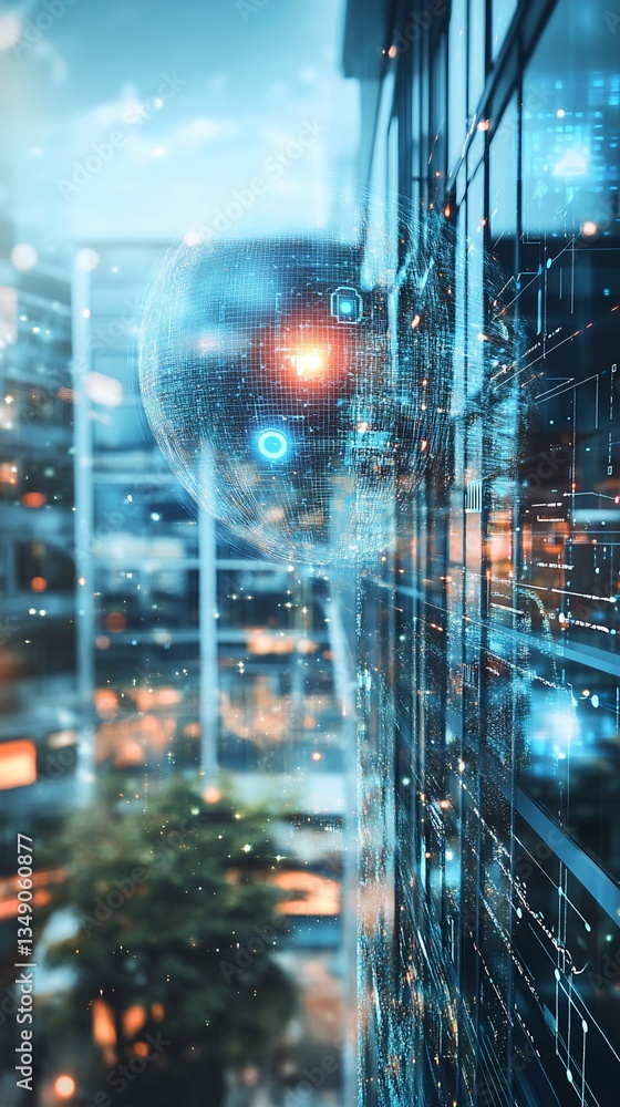 Poster digital sphere and cityscape with data overlay