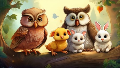 Obraz premium Adorable baby animals like a chick, piglet, and lamb learning ABCs from a wise teacher, cute educational children illustration, playful classroom scene