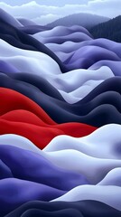 Abstract landscape of flowing hills in shades of blue, purple, white, and red. Perfect for phone wallpaper, website backgrounds, or artistic projects.