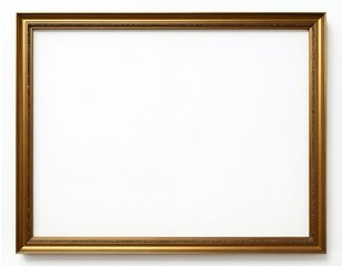 Golden wooden frame isolated on white background. Rectangular decorative frame, vintage style. Empty gold picture frame, blank space for artwork, photography, portrait. Perfect for home decor art