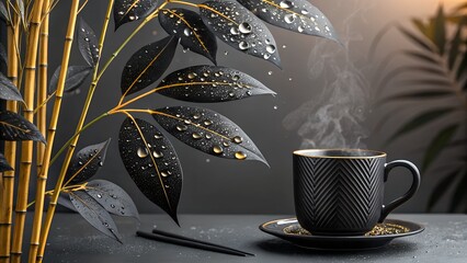 Steaming Tea with bamboo: A close-up studio shot of a cup of steaming tea with bamboo leaves in the background. The droplets on the bamboo leaves reflect the light.