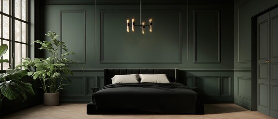 Modern and luxurious bedroom with dark green walls and wooden flooring. the focal point of the room is a large black bed with a black headboard and white pillows.