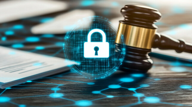 Legal action on cybersecurity measures courtroom digital law professional environment close-up security awareness