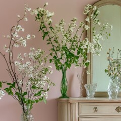 Elegant Floral Arrangements and Artistic Decor: A Tall Vase with Green Foliage and White Flowers, Paired with a Vase of Vines, Reflected in a Mirror Against a Pink Wall, Adjacent to a Beige Sideboard