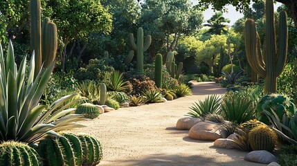 A beautiful desert garden with various cacti and succulents