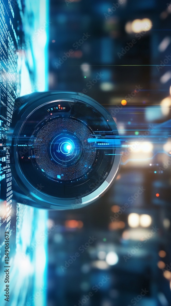 Poster futuristic circular device with digital interface and city background