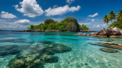 Fototapeta premium Tropical paradise with crystal-clear turquoise waters and lush green cliffs
