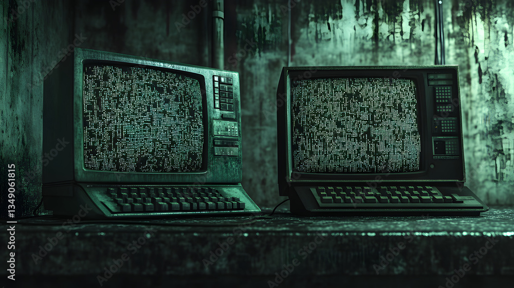 Aufkleber two vintage monitors with static on a dark background