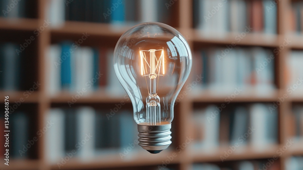 Poster vintage light bulb floating above a bookshelf in a cozy library setting