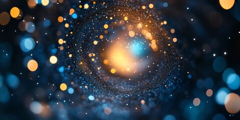 Glowing Cosmic Spiral of Light Particles with Bokeh and Dark Backdrop