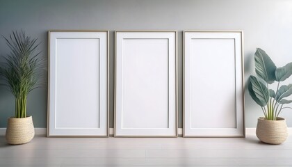 Three empty vertical modern picture frames mockup in empty minimalistic interior hanging on a gentle green wall