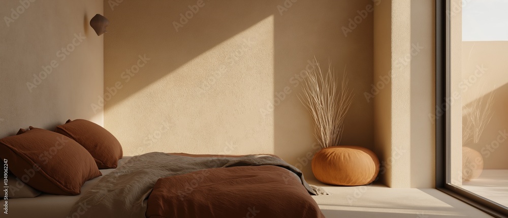 Aufkleber modern bedroom with a large window on the right side. the window has a view of the ocean and the sky