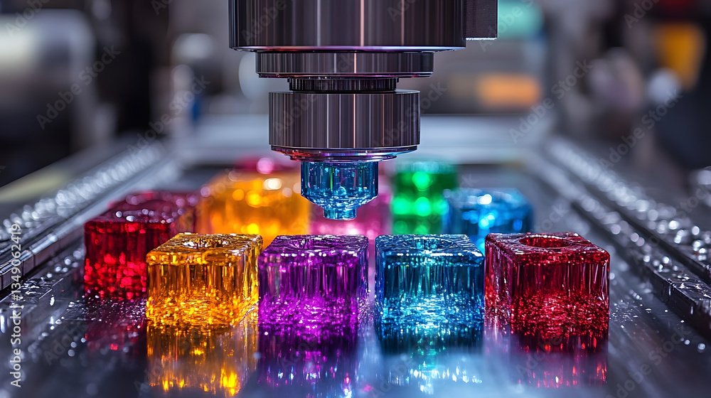 Poster Colorful cubes being processed by a precision machine tool