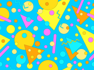 Seamless pattern with colorful geometric shapes with a black outline. Geometric pattern with Memphis elements in 80s style. Design of wallpaper, wrapping paper, and printing. Vector illustration
