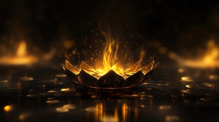 Golden lotus flower with fire flames and sparks amidst dark serenity