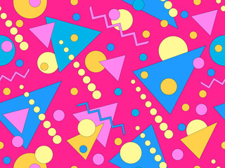 Seamless pattern with colorful geometric shapes with a black outline. Geometric pattern with Memphis elements in 80s style. Design of wallpaper, wrapping paper, and printing. Vector illustration