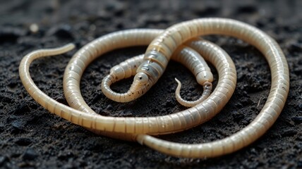 Obraz premium Close-up of segmented worms on dark soil. Two intertwined, light-colored, segmented worms rest on the surface of dark soil. The worms exhibit distinct rings and are detailed in their structure