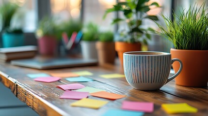 Cluttered workspace with sticky notes and coffee symbolizes multitasking chaos in a busy work environment.