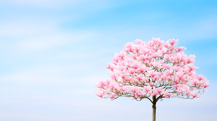 Obraz premium Blooming magnolia tree with delicate pink flowers against clear blue sky, symbolizing renewal. Perfect for seasonal prints, botanical illustrations, and nature themes. Selective focus