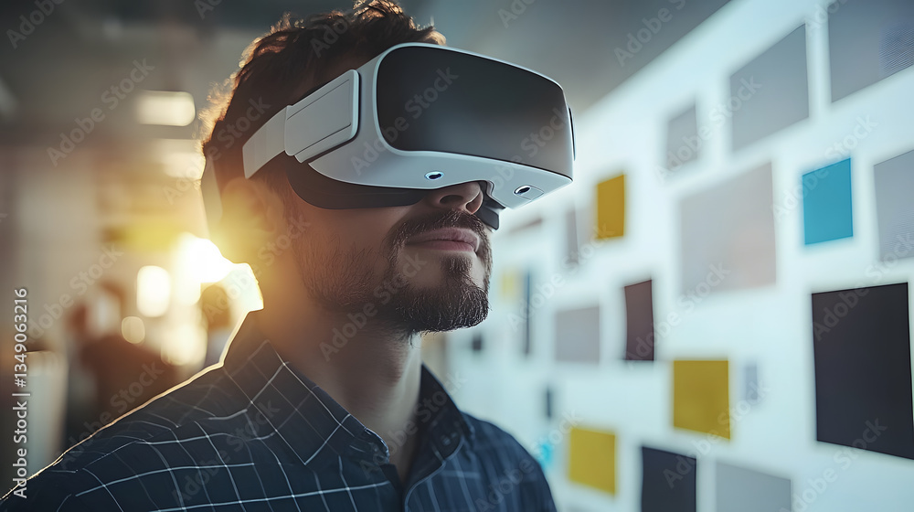Poster man wearing virtual reality headset in a modern environment
