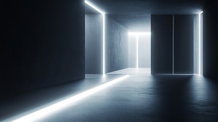 Abstract Neon Corridor with Glowing Blue and White Lines