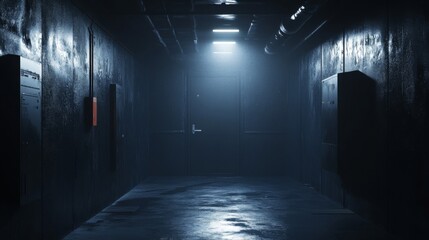 Dark Wet Corridor With Metal Doors and Dim Lighting