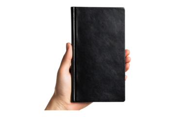 Blank black book cover in hand Isolated on White and Transparent Background PNG Image.