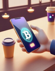 A hand holds a smartphone displaying a bitcoin logo against a modern cafe backdrop, cryptocurrency payment concept 