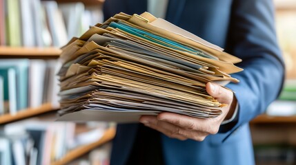 Obraz premium Man holding paperwork, office library background, archiving