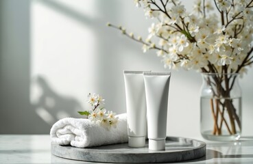 Minimalist skincare product presentation. White tubes on marble tray with white flowers, towel. Gentle light, shadows. Beauty, cosmetic template, facial routine. Modern design, spa, wellness.
