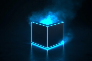 Illuminated Cube with Blue Neon Outline and Fog