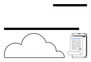 Cloud outline and smartphone displaying a signed contract. Ideal for digital signature, cloud storage, e-contracts, remote work, business solutions, secure data, flat simple metaphor