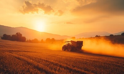 Naklejka premium Golden Hour Harvest: Tractor in a Sunset Field