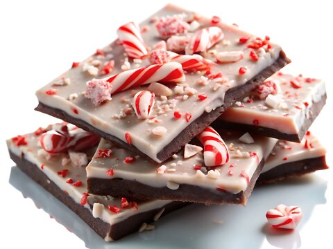 A close-up of a stack of homemade peppermint bark chocolate candy treats, featuring white chocolate, red and white candy canes, and crushed peppermint.